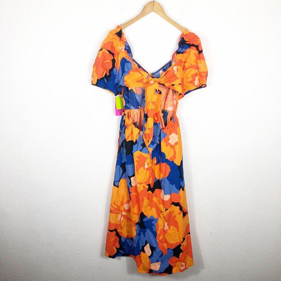 NWT Tabitha Brown Floral Print Puff-Sleeve Tie-Back Midi Dress Size 10 Cut Out - Picture 12 of 13